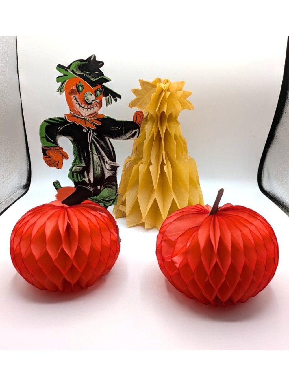 Vintage Cardboard Die Cut Scarecrow Honeycomb Pumpkin Decoration Lot Halloween